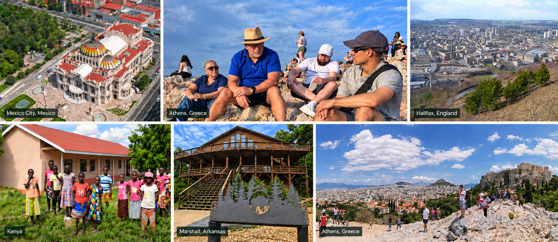 Location-labeled collage: Mexico City, Mexico; Athens, Greece; Halifax, England viewed from Beacon Hill; Kenya; Marshall, Arkansas; and the Athens skyline, Greece